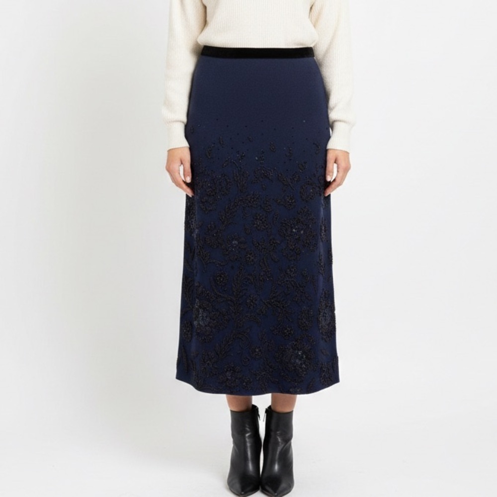 Vintage Anne Klein Intricately Black on Blue Beaded Knit Maxi Skirt, Large